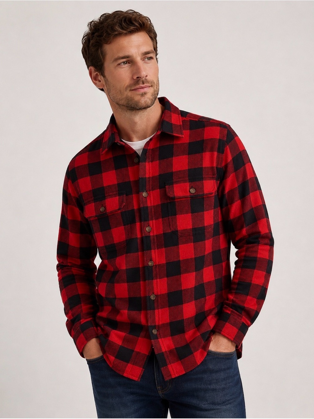 Men's Chaps By Ralph Lauren Red&Black Buffalo Plaid Button-Up Fleece Shirt Sz L
